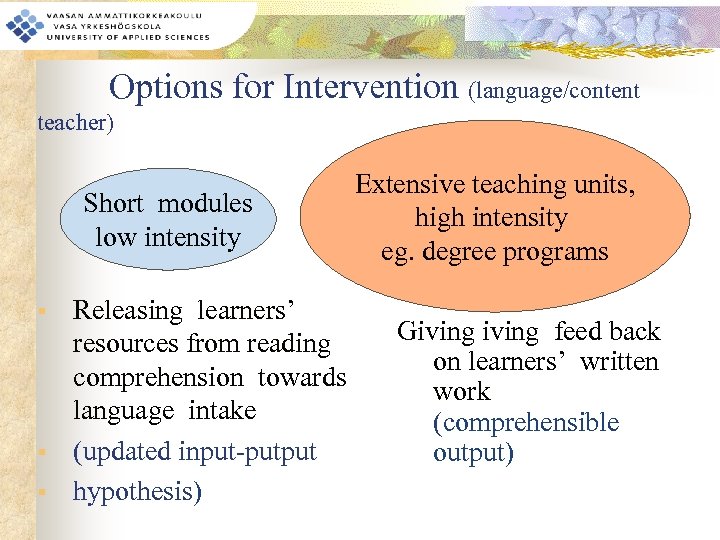 Options for Intervention (language/content teacher) Short modules low intensity § § § Releasing learners’