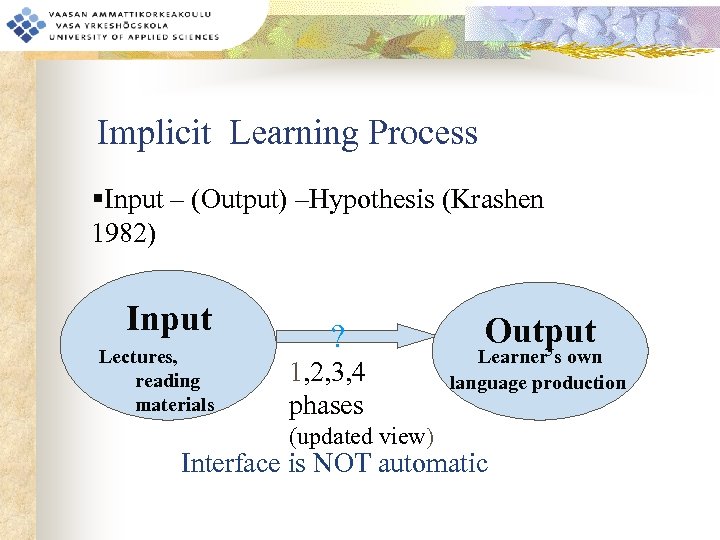 Implicit Learning Process §Input – (Output) –Hypothesis (Krashen 1982) Input Lectures, reading materials ?
