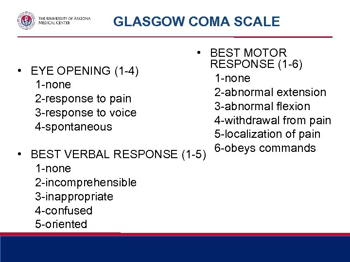 GLASGOW COMA SCALE • BEST MOTOR RESPONSE (1 -6) • EYE OPENING (1 -4)