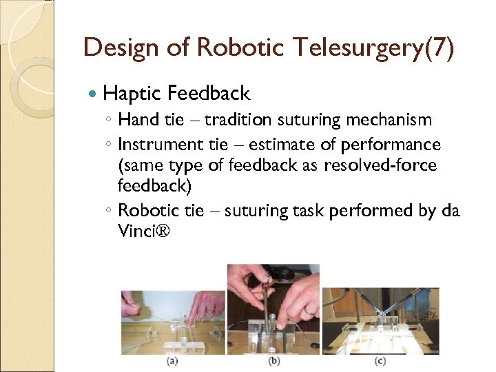 Design of Robotic Telesurgery(7) Haptic Feedback ◦ Hand tie – tradition suturing mechanism ◦