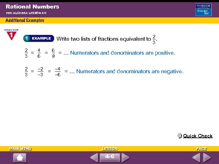 Rational Numbers PRE-ALGEBRA LESSON 4 -6 2 Write two lists of fractions equivalent to