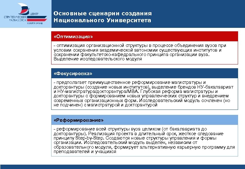 Основные сценарии создания Национального Университета «Оптимизация» - оптимизация организационной структуры в процессе объединения вузов