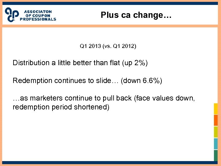 Plus ca change… Q 1 2013 (vs. Q 1 2012) Distribution a little better