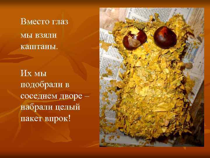 Вместо глаз мы взяли каштаны. Их мы подобрали в соседнем дворе – набрали целый