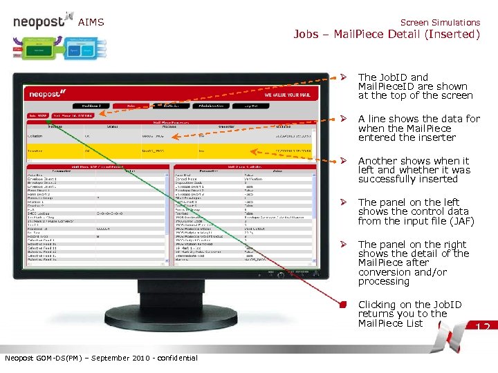 AIMS Screen Simulations Jobs – Mail. Piece Detail (Inserted) Ø The Job. ID and