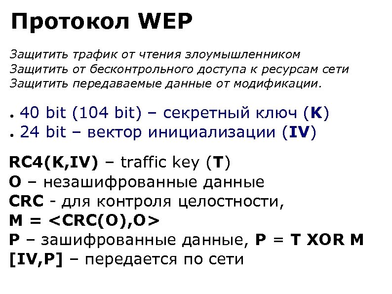 Протокол WEP Защитить трафик от чтения злоумышленником Защитить от бесконтрольного доступа к ресурсам сети