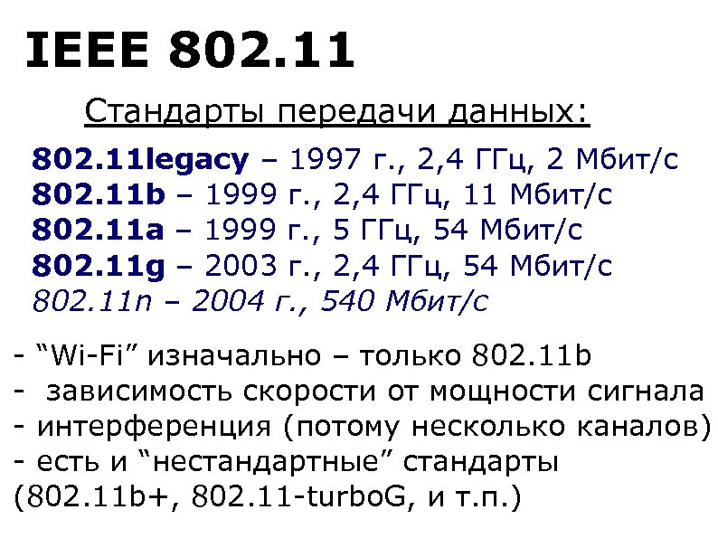 IEEE 802. 11 Стандарты передачи данных: 802. 11 legacy – 1997 г. , 2,