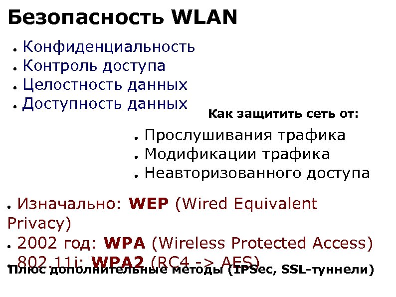 Безопасность WLAN ● ● Конфиденциальность Контроль доступа Целостность данных Доступность данных ● ● ●