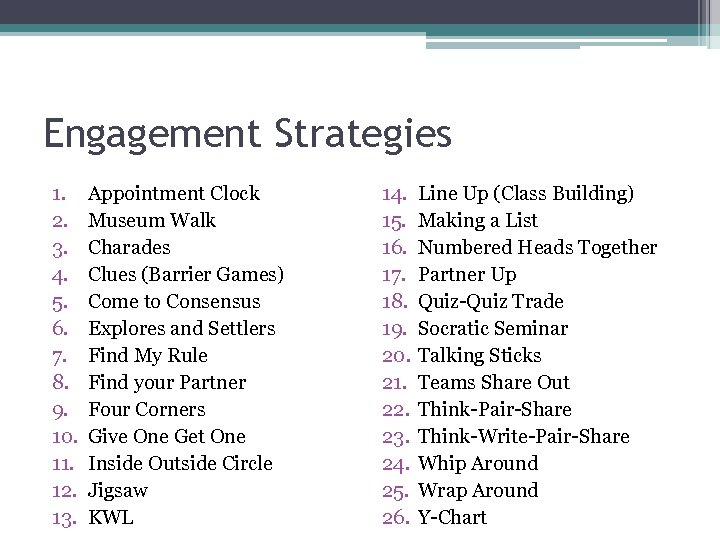 Engagement Strategies 1. 2. 3. 4. 5. 6. 7. 8. 9. 10. 11. 12.