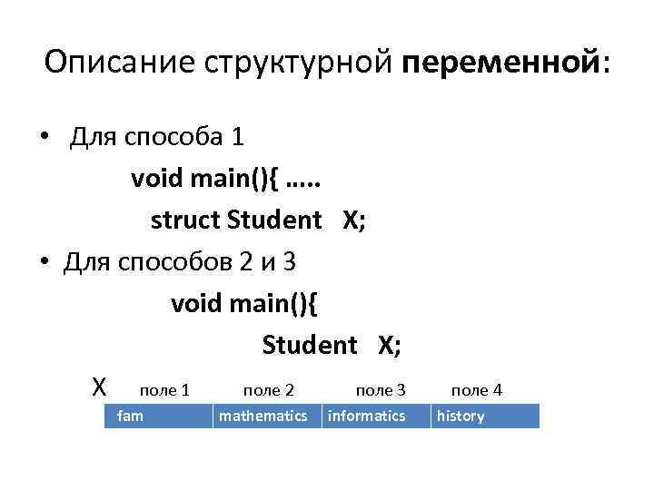 Описание структурной переменной: • Для способа 1 void main(){ …. . struct Student X;