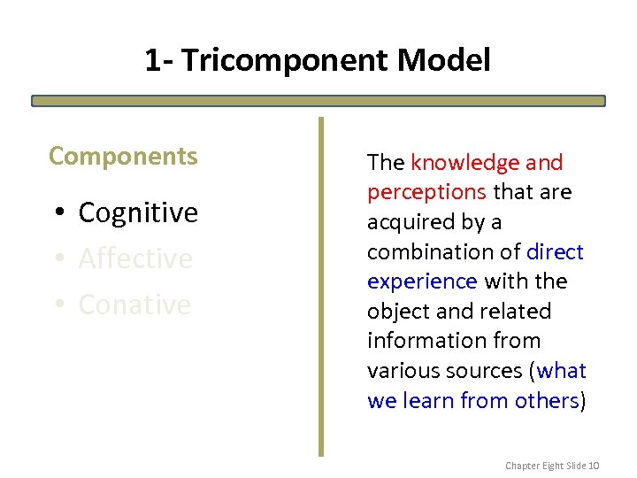 1 - Tricomponent Model Components • Cognitive • Affective • Conative The knowledge and