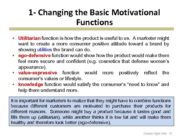 1 - Changing the Basic Motivational Functions • Utilitarian function is how the product