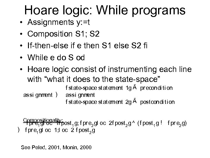 Hoare logic: While programs • • • Assignments y: =t Composition S 1; S