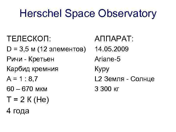 Herschel Space Observatory ТЕЛЕСКОП: АППАРАТ: D = 3, 5 м (12 элементов) Ричи -