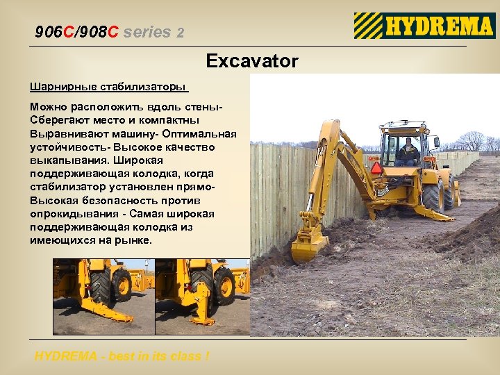 906 C/908 C series 2 Excavator Шарнирные стабилизаторы Можно расположить вдоль стены. Сберегают место