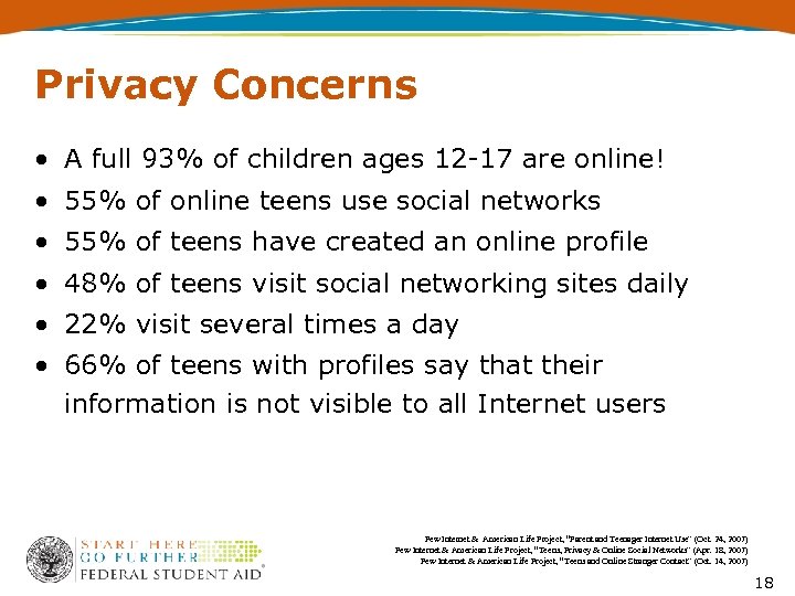 Privacy Concerns • A full 93% of children ages 12 -17 are online! •