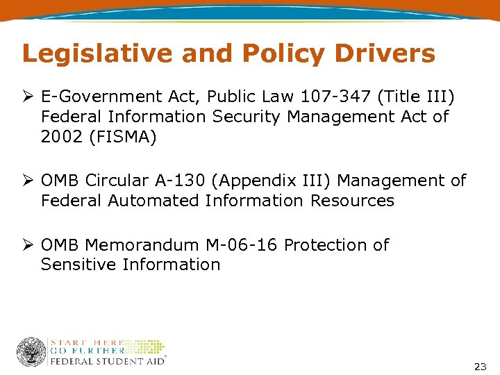 Legislative and Policy Drivers Ø E-Government Act, Public Law 107 -347 (Title III) Federal