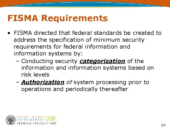 FISMA Requirements • FISMA directed that federal standards be created to address the specification