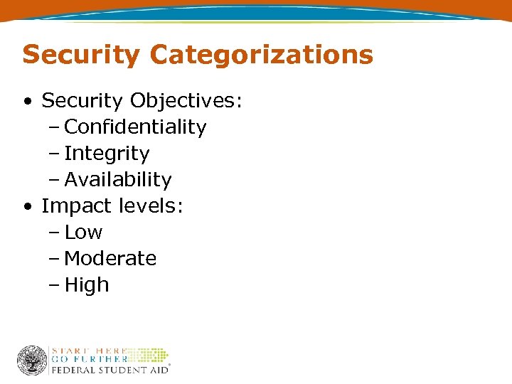 Security Categorizations • Security Objectives: – Confidentiality – Integrity – Availability • Impact levels: