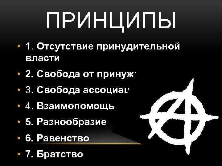 ПРИНЦИПЫ • 1. Отсутствие принудительной власти • 2. Свобода от принуждения • 3. Свобода