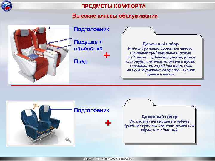 ПРЕДМЕТЫ КОМФОРТА Высокие классы обслуживания Подголовник Подушка + наволочка Плед Дорожный набор + Индивидуальные