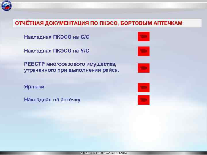 ОТЧЁТНАЯ ДОКУМЕНТАЦИЯ ПО ПКЭСО, БОРТОВЫМ АПТЕЧКАМ Накладная ПКЭСО на C/C Накладная ПКЭСО на Y/C
