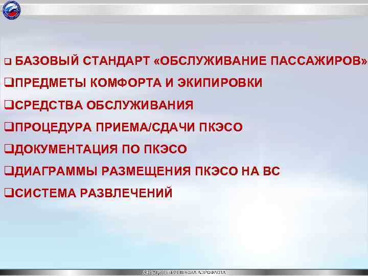 q БАЗОВЫЙ СТАНДАРТ «ОБСЛУЖИВАНИЕ ПАССАЖИРОВ» q. ПРЕДМЕТЫ КОМФОРТА И ЭКИПИРОВКИ q. СРЕДСТВА ОБСЛУЖИВАНИЯ q.