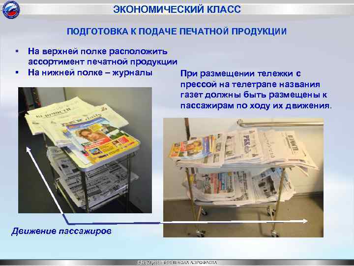 ЭКОНОМИЧЕСКИЙ КЛАСС ПОДГОТОВКА К ПОДАЧЕ ПЕЧАТНОЙ ПРОДУКЦИИ § § На верхней полке расположить ассортимент