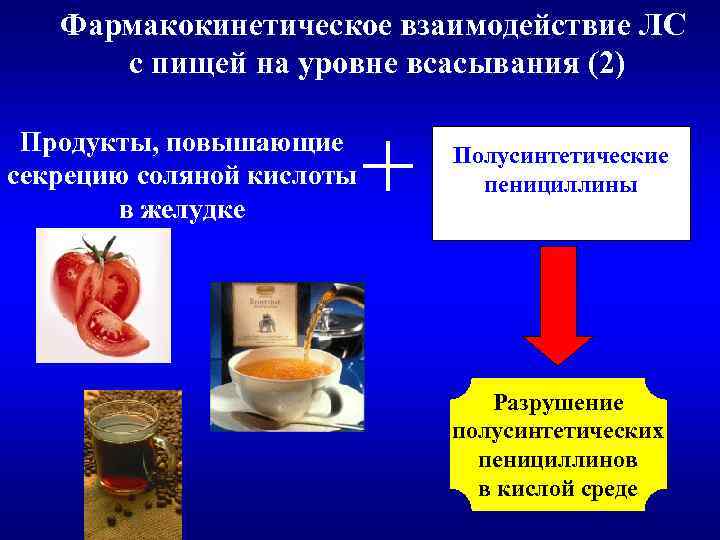 Фармакокинетическое взаимодействие ЛС с пищей на уровне всасывания (2) Продукты, повышающие секрецию соляной кислоты