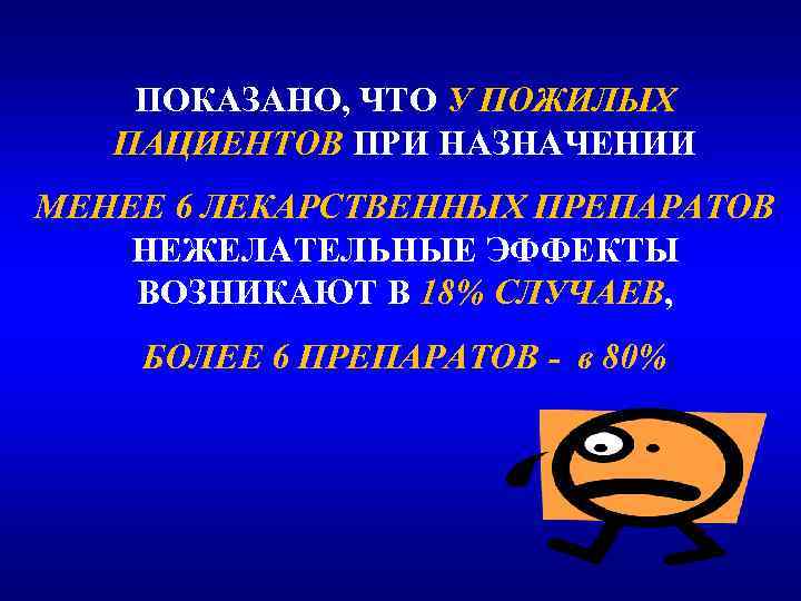 ПОКАЗАНО, ЧТО У ПОЖИЛЫХ ПАЦИЕНТОВ ПРИ НАЗНАЧЕНИИ МЕНЕЕ 6 ЛЕКАРСТВЕННЫХ ПРЕПАРАТОВ НЕЖЕЛАТЕЛЬНЫЕ ЭФФЕКТЫ ВОЗНИКАЮТ