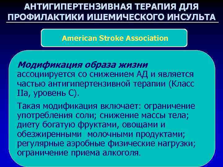 АНТИГИПЕРТЕНЗИВНАЯ ТЕРАПИЯ ДЛЯ ПРОФИЛАКТИКИ ИШЕМИЧЕСКОГО ИНСУЛЬТА American Stroke Association Модификация образа жизни ассоциируется со