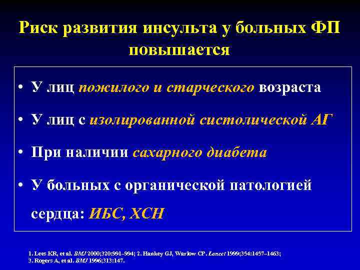 Риск развития инсульта у больных ФП повышается • У лиц пожилого и старческого возраста