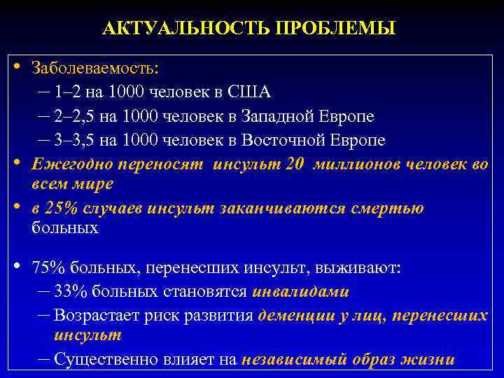 АКТУАЛЬНОСТЬ ПРОБЛЕМЫ • • Заболеваемость: – 1– 2 на 1000 человек в США –