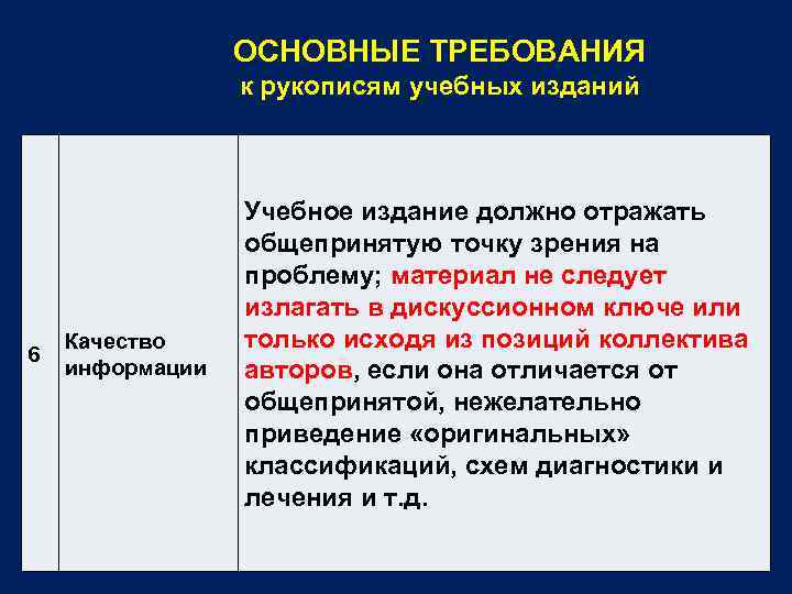 ОСНОВНЫЕ ТРЕБОВАНИЯ к рукописям учебных изданий 6 Качество информации Учебное издание должно отражать общепринятую