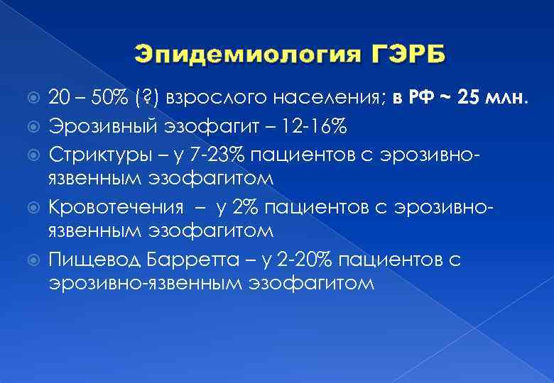 Эпидемиология ГЭРБ 20 – 50% (? ) взрослого населения; в РФ ~ 25 млн.