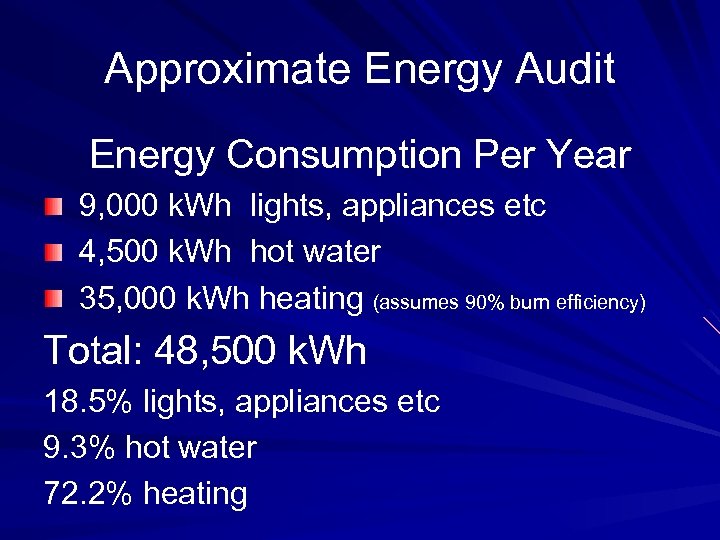 Approximate Energy Audit Energy Consumption Per Year 9, 000 k. Wh lights, appliances etc
