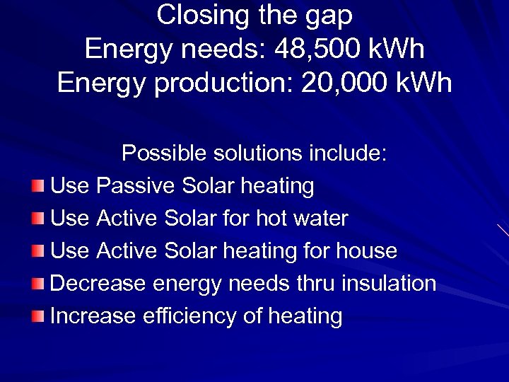 Closing the gap Energy needs: 48, 500 k. Wh Energy production: 20, 000 k.