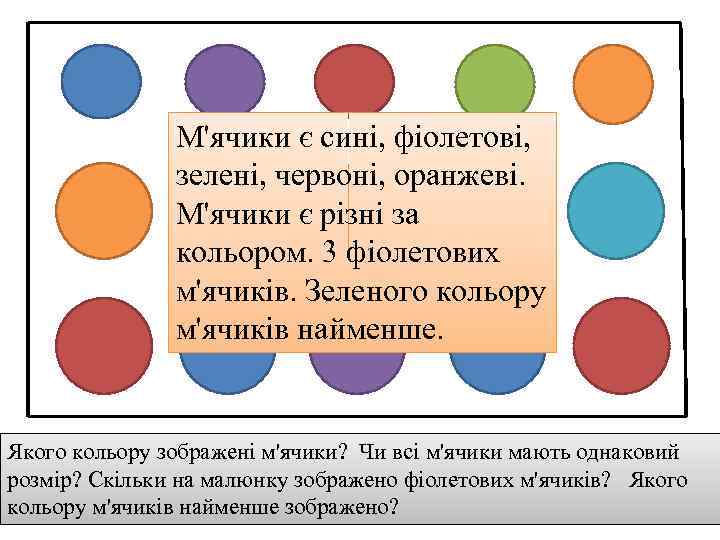 М'ячики є сині, фіолетові, зелені, червоні, оранжеві. М'ячики є різні за кольором. 3 фіолетових