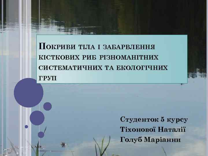 ПОКРИВИ ТІЛА І ЗАБАРВЛЕННЯ КІСТКОВИХ РИБ РІЗНОМАНІТНИХ СИСТЕМАТИЧНИХ ТА ЕКОЛОГІЧНИХ ГРУП Студенток 5 курсу