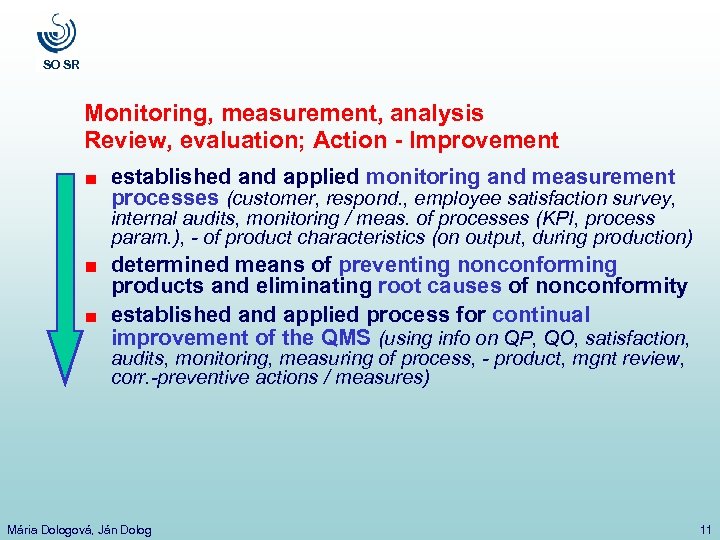 SO SR Monitoring, measurement, analysis Review, evaluation; Action - Improvement established and applied monitoring