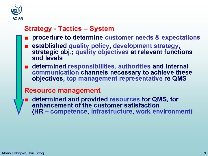 SO SR Strategy - Tactics – System procedure to determine customer needs & expectations