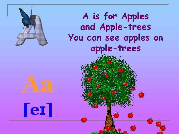 A is for Apples and Apple-trees You can see apples on apple-trees Aa [eɪ]