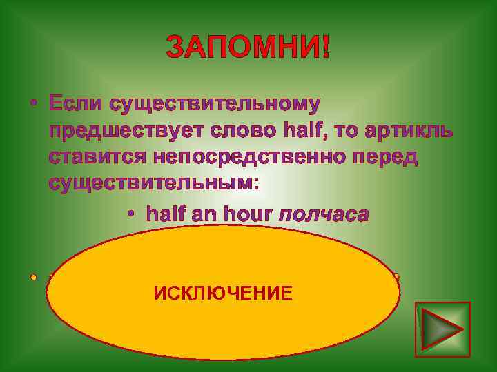 ЗАПОМНИ! • Если существительному предшествует слово half, то артикль ставится непосредственно перед существительным: •