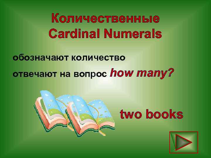 Количественные Cardinal Numerals обозначают количество отвечают на вопрос how many? two books 