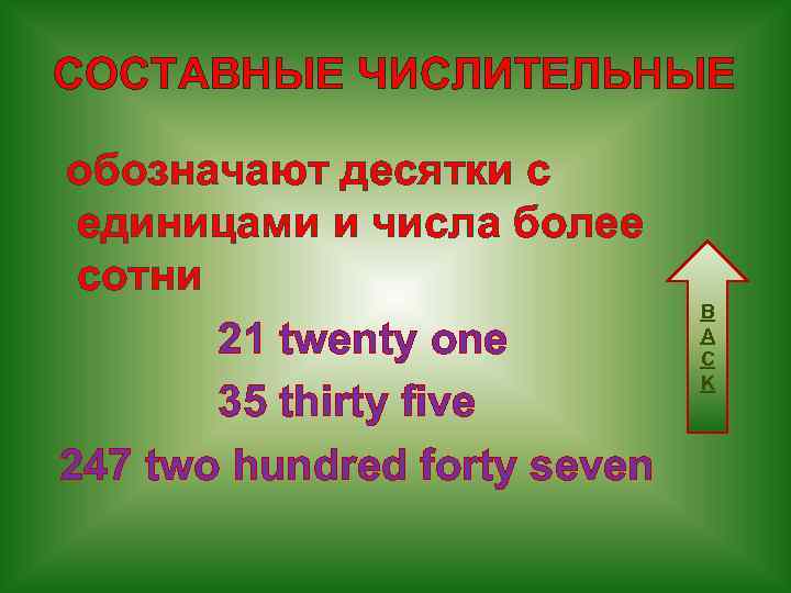 СОСТАВНЫЕ ЧИСЛИТЕЛЬНЫЕ обозначают десятки с единицами и числа более сотни 21 twenty one 35