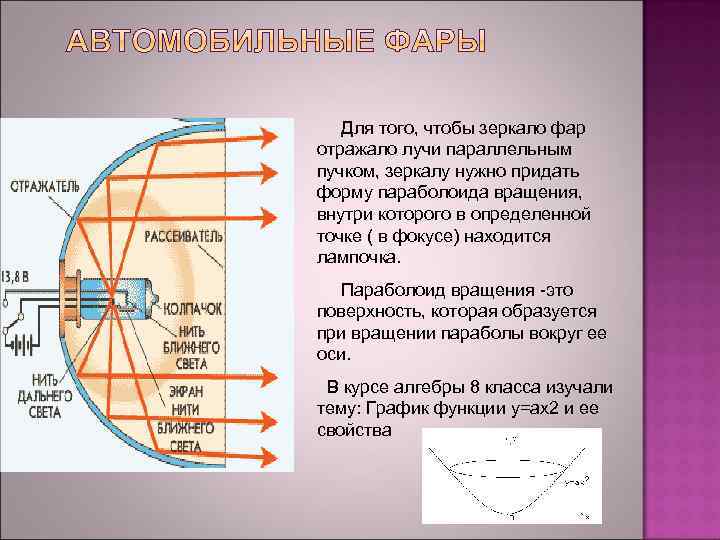 Для того, чтобы зеркало фар отражало лучи параллельным пучком, зеркалу нужно придать форму параболоида