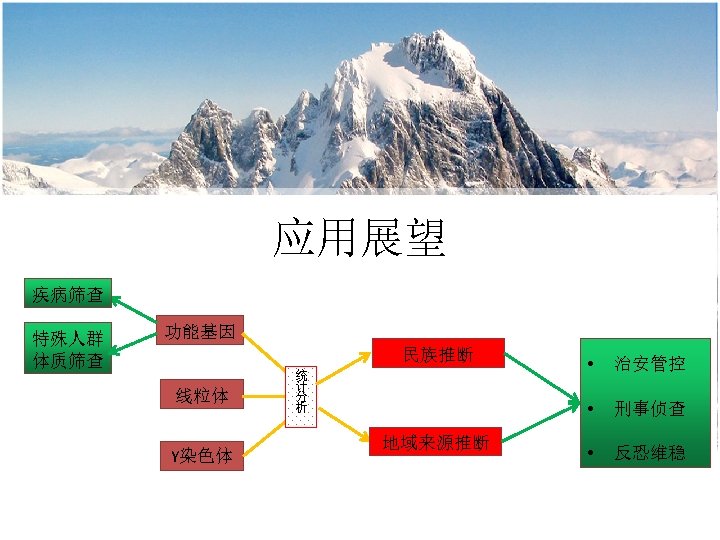 应用展望 疾病筛查 特殊人群 体质筛查 功能基因 民族推断 线粒体 Y染色体 地域来源推断 • 治安管控 • 统 计
