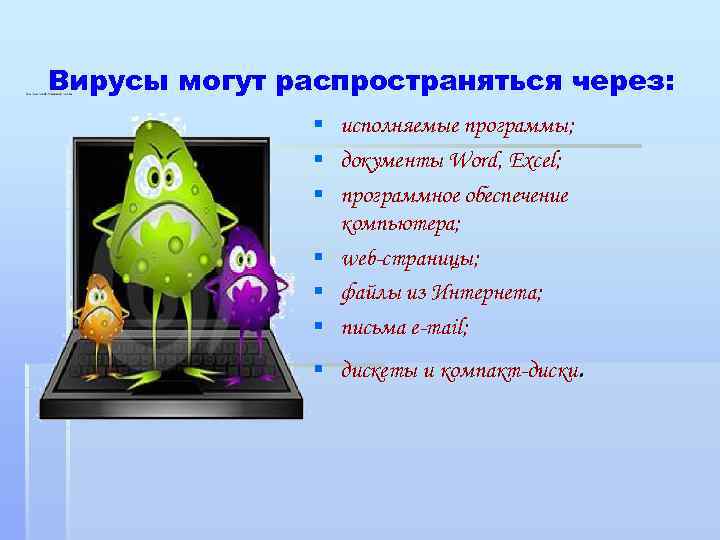 Вирусы могут распространяться через: § исполняемые программы; § документы Word, Excel; § программное обеспечение