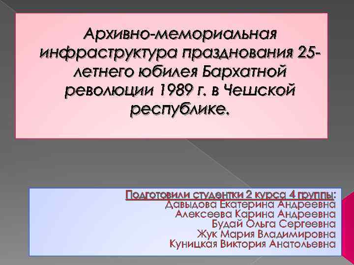 Архивно-мемориальная инфраструктура празднования 25 летнего юбилея Бархатной революции 1989 г. в Чешской республике. Подготовили