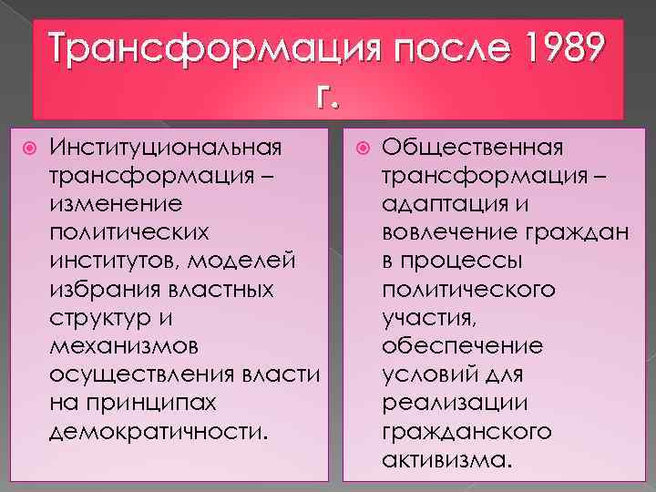 Трансформация после 1989 г. Институциональная трансформация – изменение политических институтов, моделей избрания властных структур